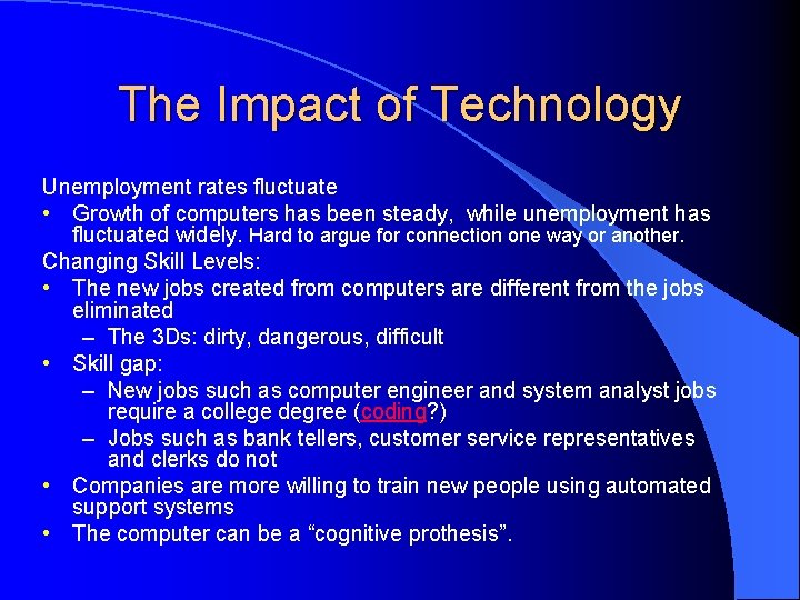 The Impact of Technology Unemployment rates fluctuate • Growth of computers has been steady,