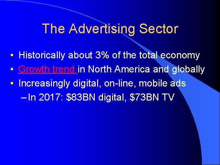 The Advertising Sector • Historically about 3% of the total economy • Growth trend