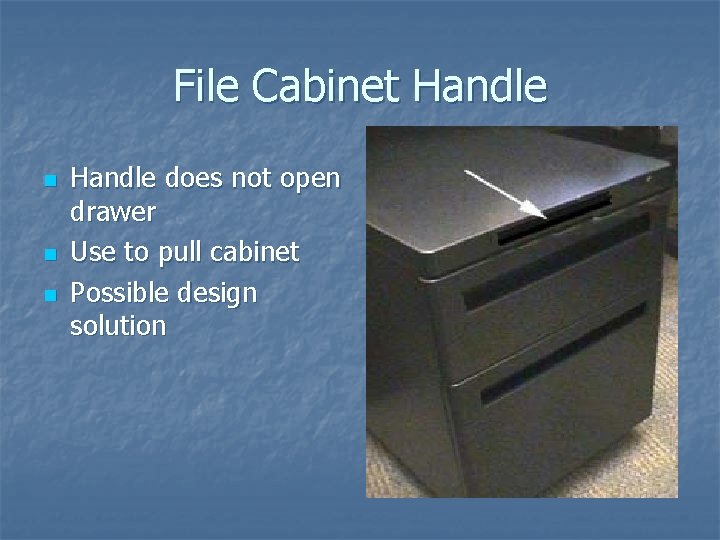 File Cabinet Handle n n n Handle does not open drawer Use to pull