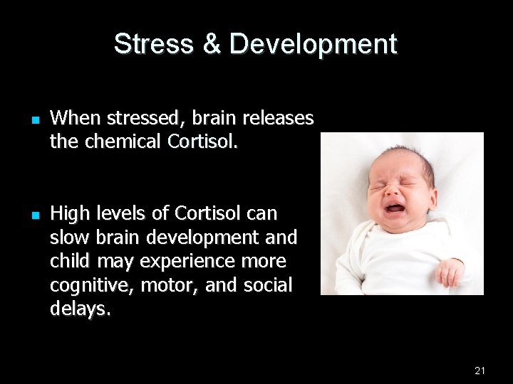 Stress & Development n n When stressed, brain releases the chemical Cortisol. High levels