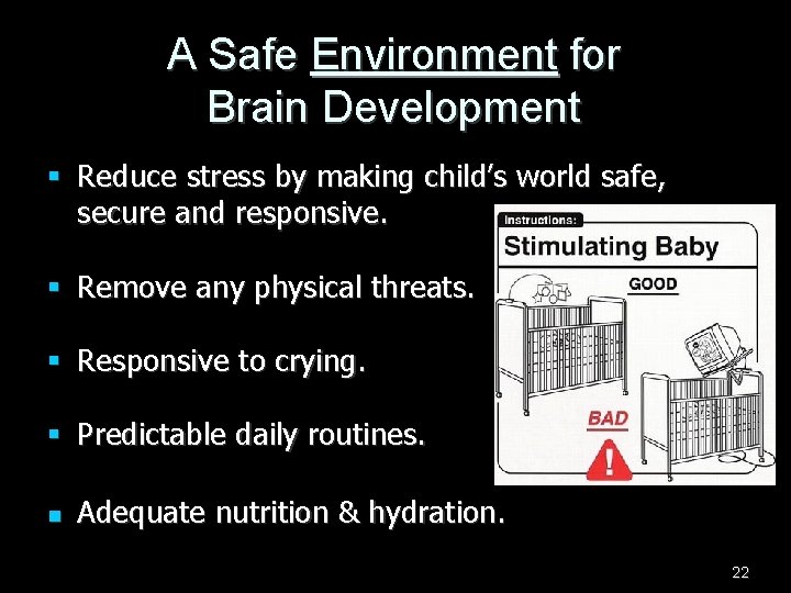 A Safe Environment for Brain Development § Reduce stress by making child’s world safe,