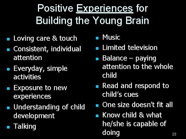 Positive Experiences for Building the Young Brain n n n Loving care & touch