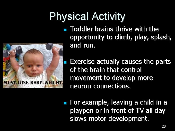 Physical Activity n n n Toddler brains thrive with the opportunity to climb, play,