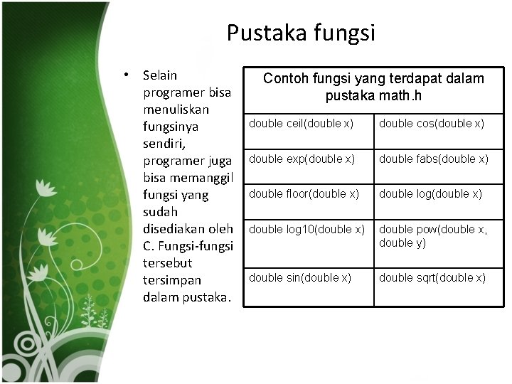 Pustaka fungsi • Selain programer bisa menuliskan fungsinya sendiri, programer juga bisa memanggil fungsi