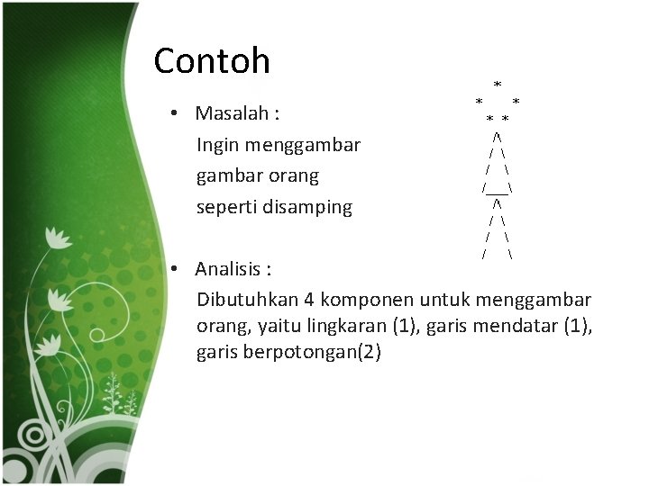 Contoh • Masalah : Ingin menggambar orang seperti disamping • Analisis : Dibutuhkan 4