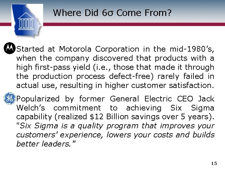 Where Did 6σ Come From? • Started at Motorola Corporation in the mid-1980’s, when