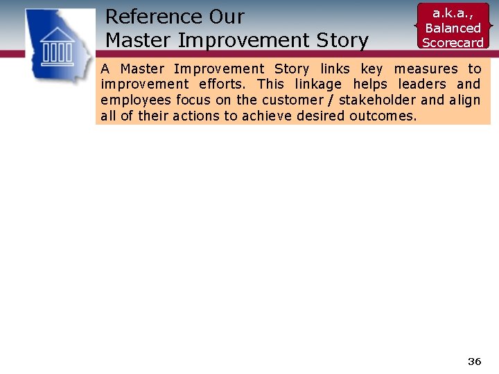 Reference Our Master Improvement Story a. k. a. , Balanced Scorecard A Master Improvement