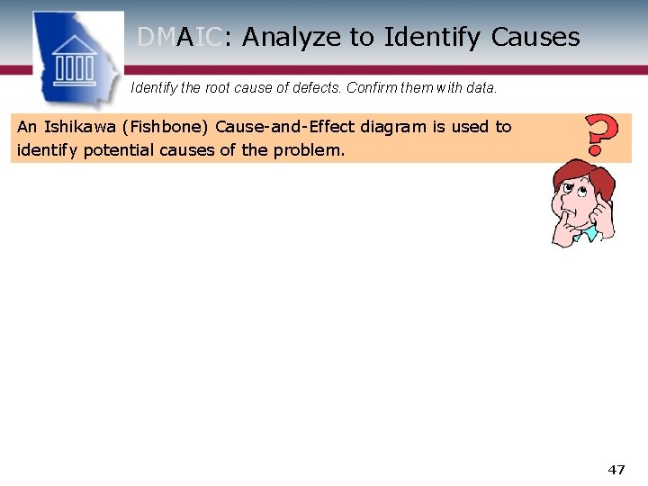 DMAIC: Analyze to Identify Causes Identify the root cause of defects. Confirm them with