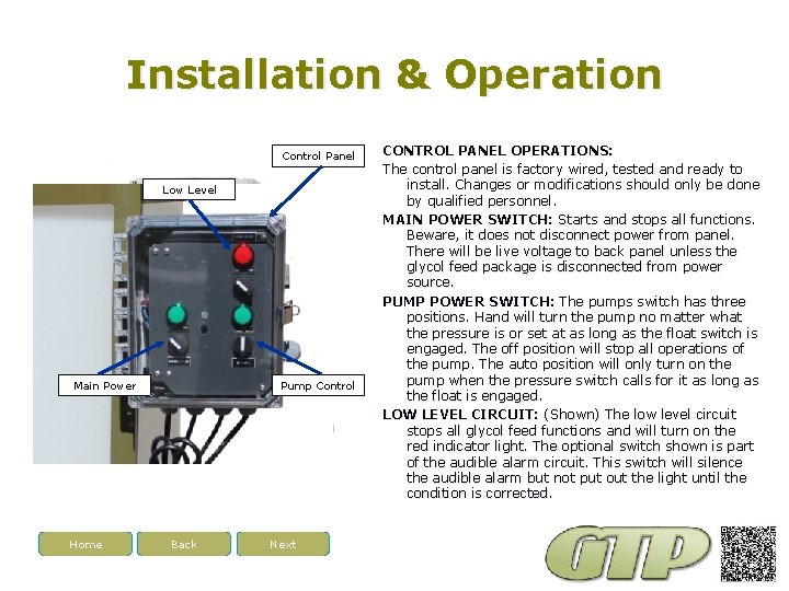 Installation & Operation Control Panel Low Level Main Power Home Pump Control Back Next