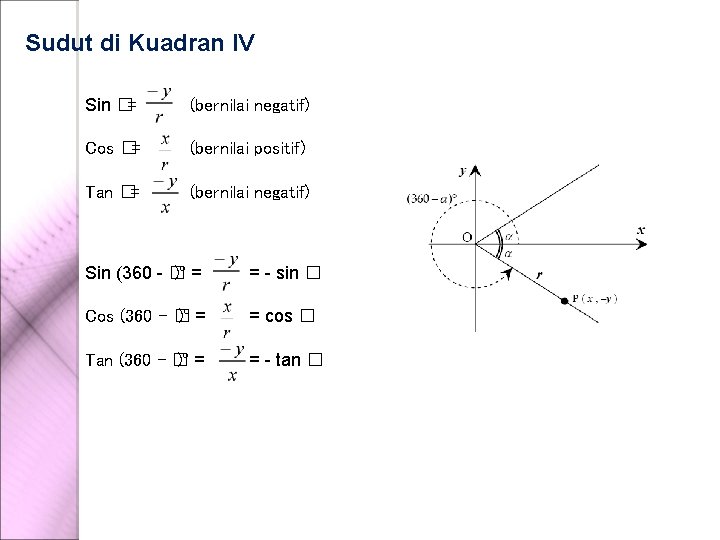 Sudut di Kuadran IV Sin �= (bernilai negatif) Cos �= (bernilai positif) Tan �=