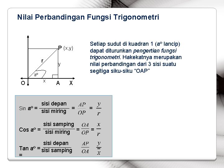 Nilai Perbandingan Fungsi Trigonometri P (x, y) r y aº O x A Setiap