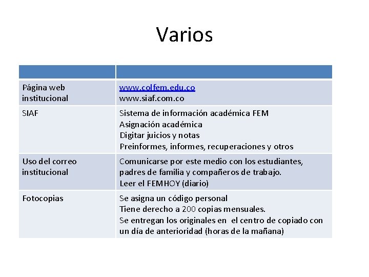 Varios Página web institucional www. colfem. edu. co www. siaf. com. co SIAF Sistema Varios Página web institucional www. colfem. edu. co www. siaf. com. co SIAF Sistema