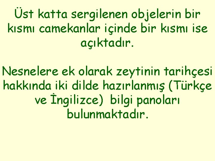 Üst katta sergilenen objelerin bir kısmı camekanlar içinde bir kısmı ise açıktadır. Nesnelere ek