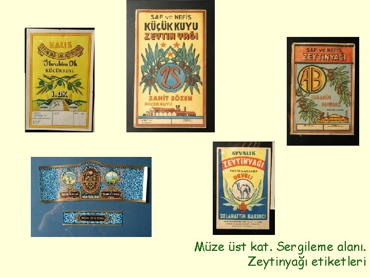 Müze üst kat. Sergileme alanı. Zeytinyağı etiketleri 