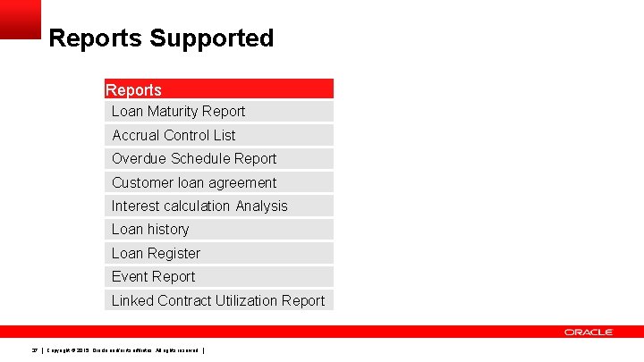 Reports Supported Reports Loan Maturity Report Accrual Control List Overdue Schedule Report Customer loan