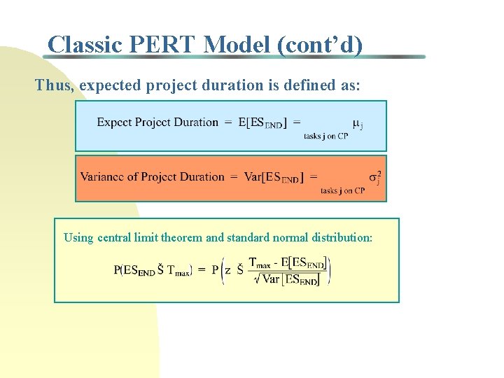 Classic PERT Model (cont’d) Thus, expected project duration is defined as: Using central limit