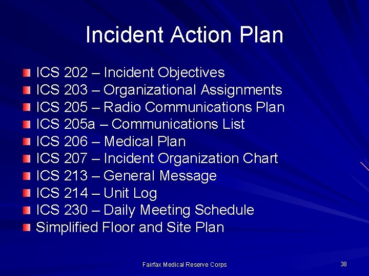 Incident Action Plan ICS 202 – Incident Objectives ICS 203 – Organizational Assignments ICS