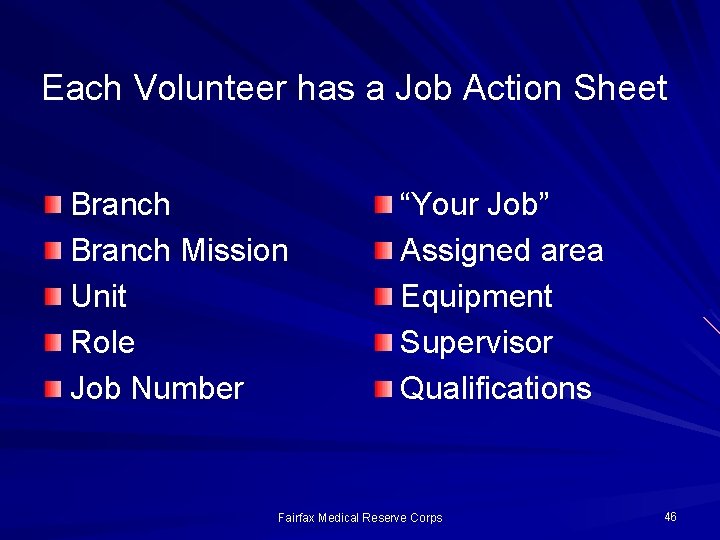 Each Volunteer has a Job Action Sheet Branch Mission Unit Role Job Number “Your