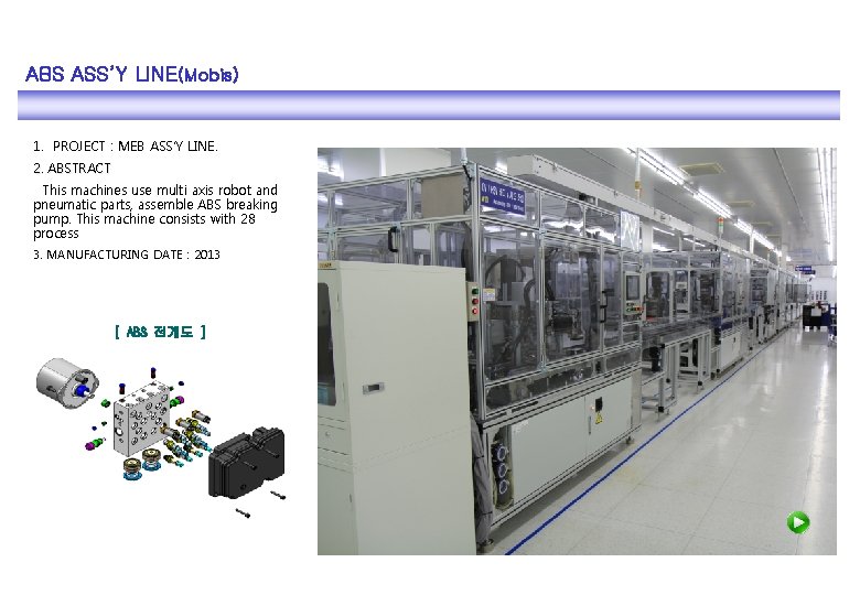ABS ASS’Y LINE(Mobis) 1. PROJECT : MEB ASS’Y LINE. 2. ABSTRACT This machines use