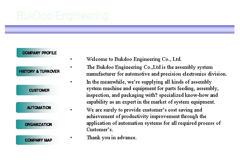 COMPANY PROFILE HISTORY & TURNOVER • • • CUSTOMER AUTOMATION • ORGANIZATION COMPANY MAP