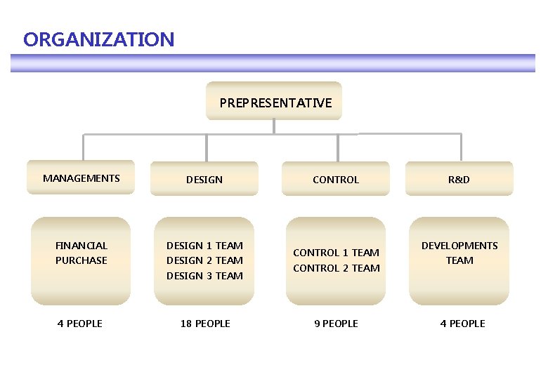 ORGANIZATION PREPRESENTATIVE MANAGEMENTS DESIGN FINANCIAL DESIGN 1 TEAM PURCHASE DESIGN 2 TEAM DESIGN 3