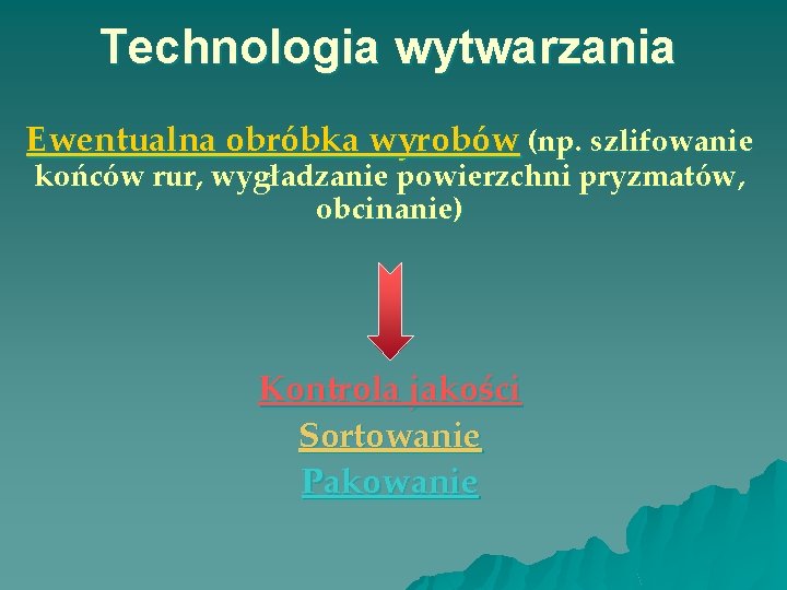 Technologia wytwarzania Ewentualna obróbka wyrobów (np. szlifowanie końców rur, wygładzanie powierzchni pryzmatów, obcinanie) Kontrola Technologia wytwarzania Ewentualna obróbka wyrobów (np. szlifowanie końców rur, wygładzanie powierzchni pryzmatów, obcinanie) Kontrola