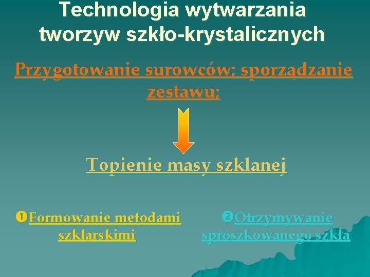 Technologia wytwarzania tworzyw szkło-krystalicznych Przygotowanie surowców; sporządzanie zestawu; Topienie masy szklanej Formowanie metodami szklarskimi