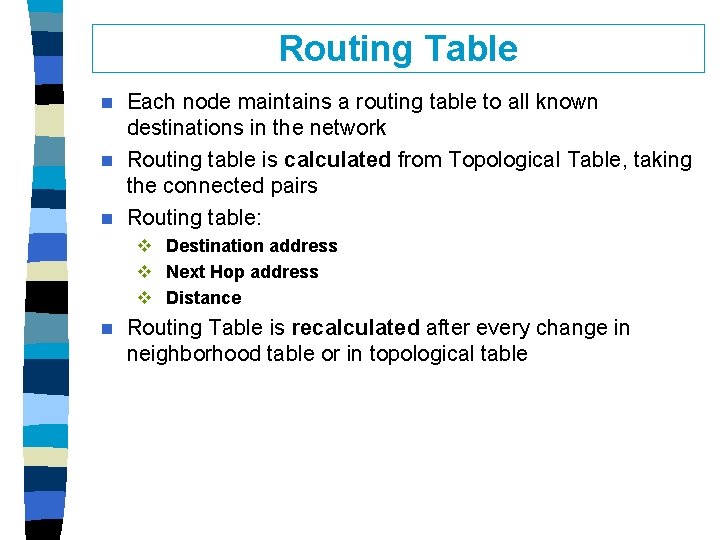 Routing Table Each node maintains a routing table to all known destinations in the