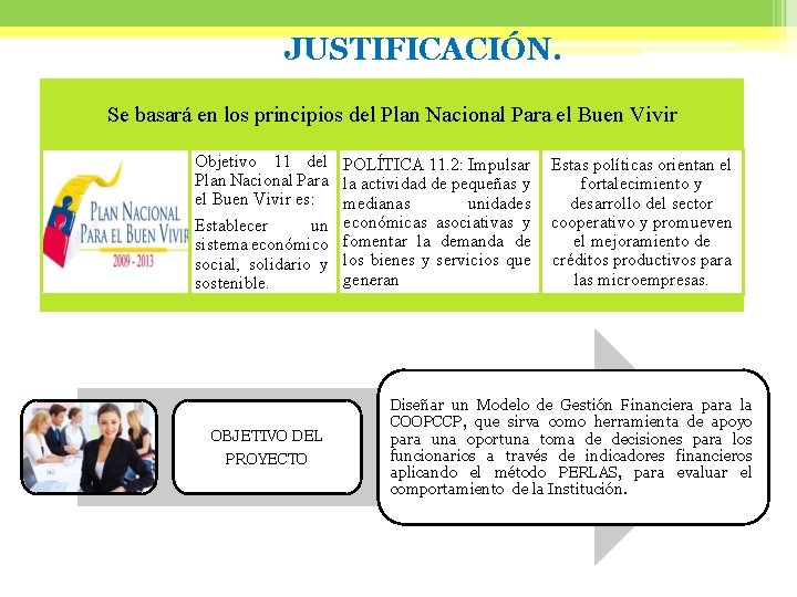 JUSTIFICACIÓN. Se basará en los principios del Plan Nacional Para el Buen Vivir Objetivo