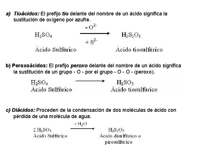 a) Tioácidos: El prefijo tio delante del nombre de un ácido significa la sustitución