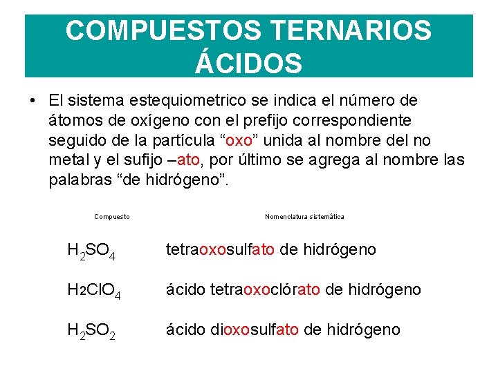 COMPUESTOS TERNARIOS ÁCIDOS • El sistema estequiometrico se indica el número de átomos de