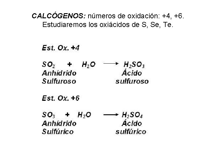 CALCÓGENOS: números de oxidación: +4, +6. Estudiaremos los oxiácidos de S, Se, Te. 