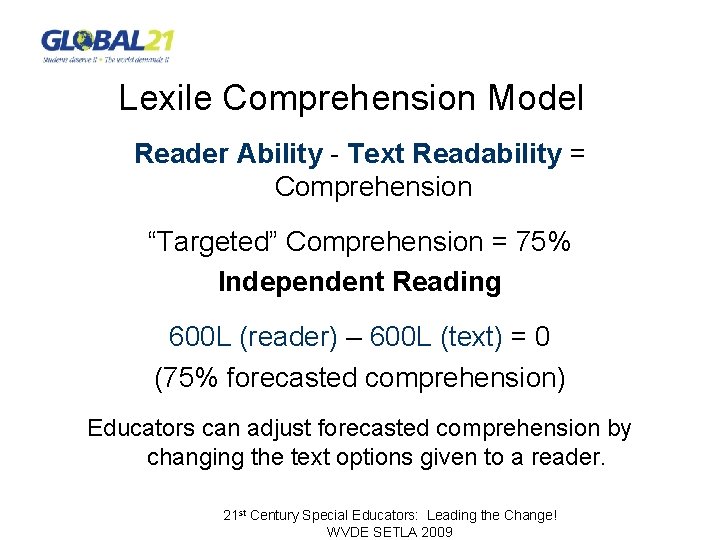 Lexile Comprehension Model Reader Ability - Text Readability = Comprehension “Targeted” Comprehension = 75%