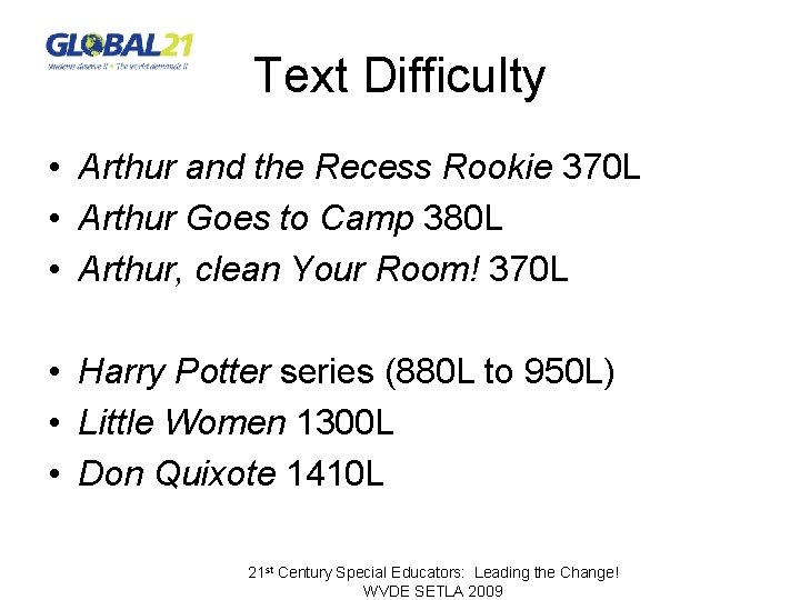 Text Difficulty • Arthur and the Recess Rookie 370 L • Arthur Goes to