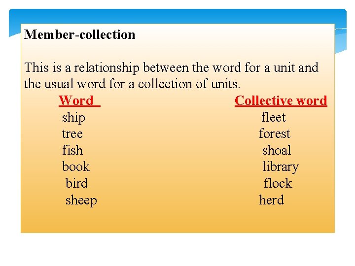 Member-collection This is a relationship between the word for a unit and the usual