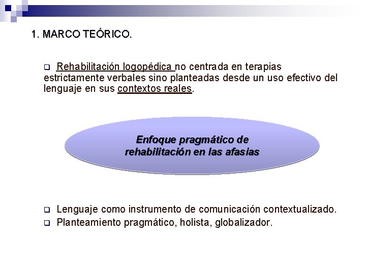 1. MARCO TEÓRICO. Rehabilitación logopédica no centrada en terapias estrictamente verbales sino planteadas desde 1. MARCO TEÓRICO. Rehabilitación logopédica no centrada en terapias estrictamente verbales sino planteadas desde