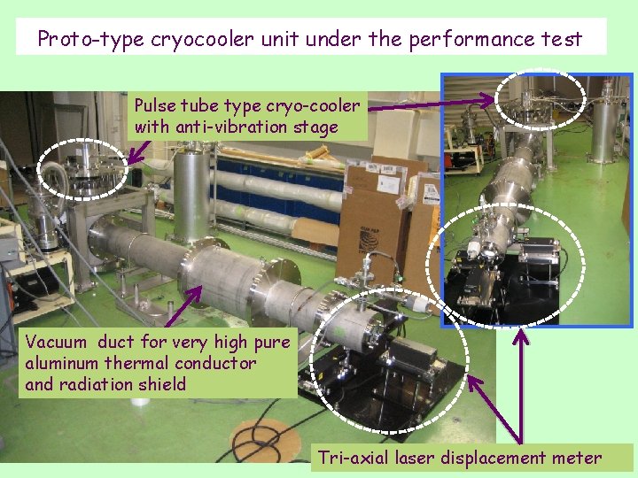 Proto-type cryocooler unit under the performance test Pulse tube type cryo-cooler with anti-vibration stage
