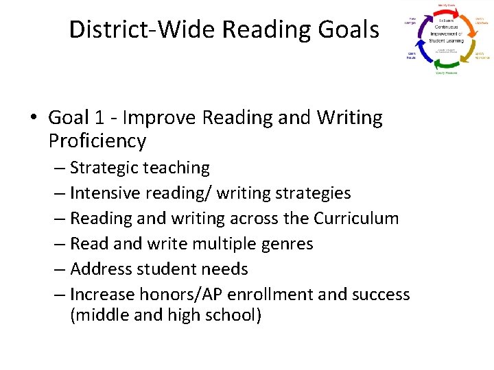 District-Wide Reading Goals • Goal 1 - Improve Reading and Writing Proficiency – Strategic