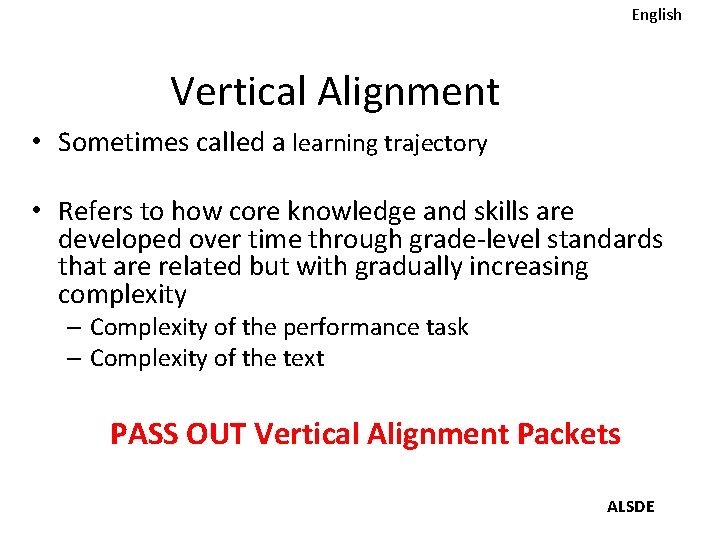 English Vertical Alignment • Sometimes called a learning trajectory • Refers to how core