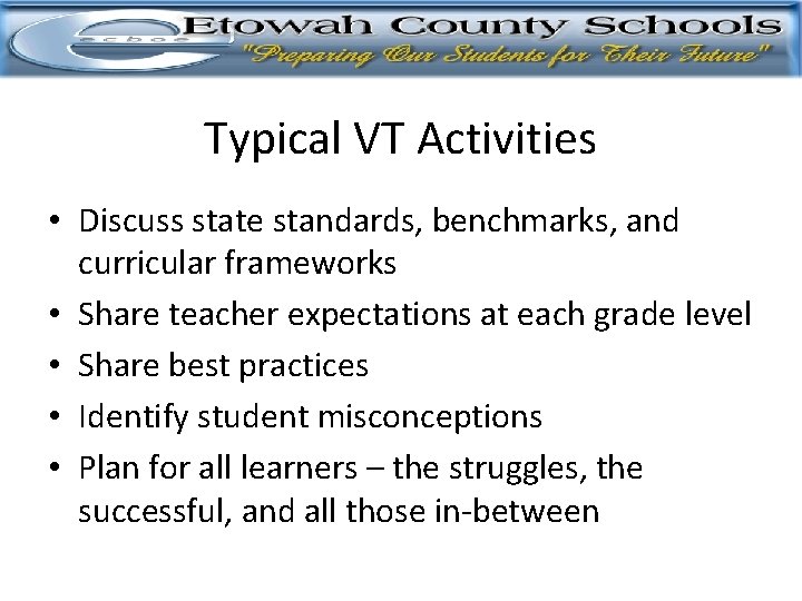 Typical VT Activities • Discuss state standards, benchmarks, and curricular frameworks • Share teacher