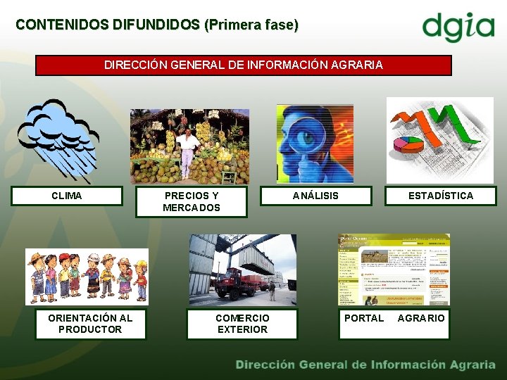 CONTENIDOS DIFUNDIDOS (Primera fase) DIRECCIÓN GENERAL DE INFORMACIÓN AGRARIA CLIMA ORIENTACIÓN AL PRODUCTOR PRECIOS