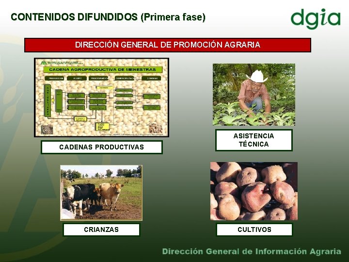 CONTENIDOS DIFUNDIDOS (Primera fase) DIRECCIÓN GENERAL DE PROMOCIÓN AGRARIA CADENAS PRODUCTIVAS ASISTENCIA TÉCNICA CRIANZAS