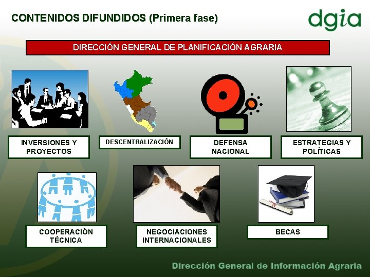 CONTENIDOS DIFUNDIDOS (Primera fase) DIRECCIÓN GENERAL DE PLANIFICACIÓN AGRARIA INVERSIONES Y PROYECTOS COOPERACIÓN TÉCNICA