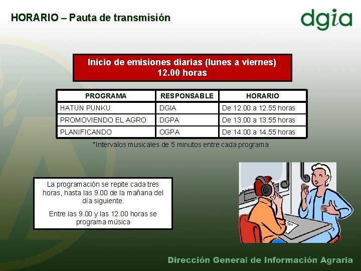 HORARIO – Pauta de transmisión Inicio de emisiones diarias (lunes a viernes) 12. 00