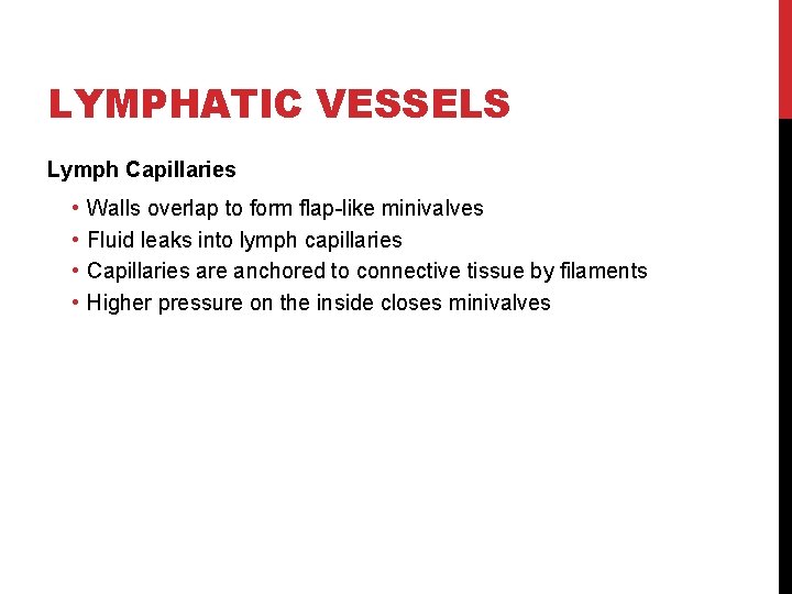LYMPHATIC VESSELS Lymph Capillaries • • Walls overlap to form flap-like minivalves Fluid leaks