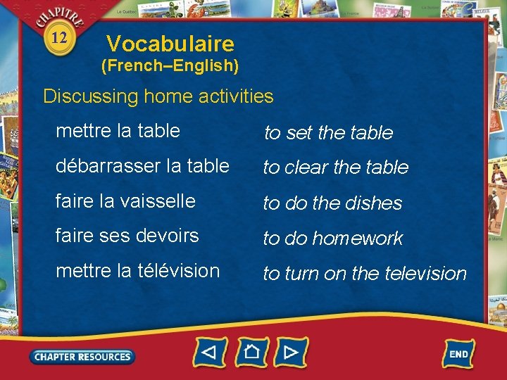 12 Vocabulaire (French–English) Discussing home activities mettre la table to set the table débarrasser