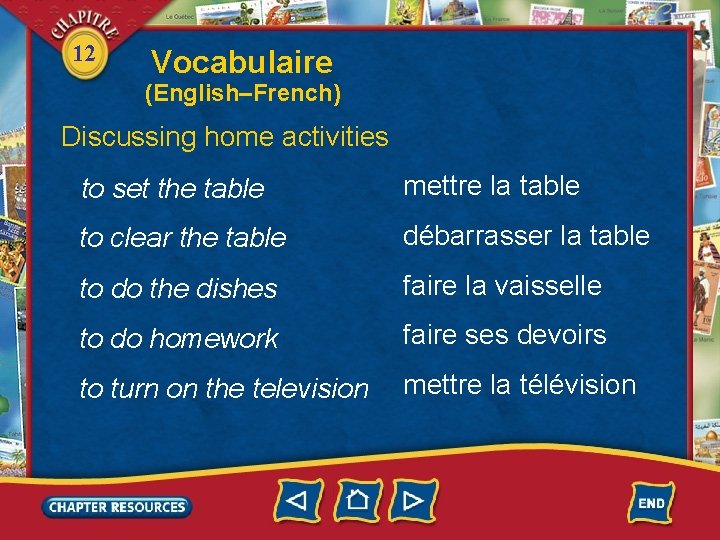 12 Vocabulaire (English–French) Discussing home activities to set the table mettre la table to