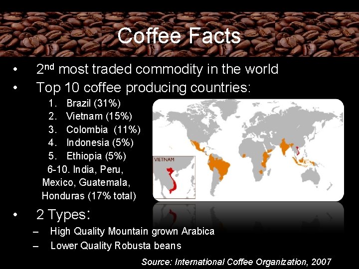 Coffee Facts • • 2 nd most traded commodity in the world Top 10