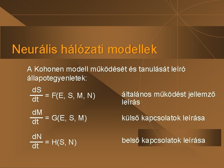 Neurális hálózati modellek A Kohonen modell működését és tanulását leíró állapotegyenletek: d. S dt