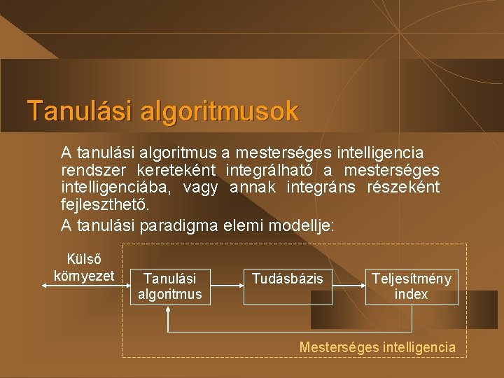 Tanulási algoritmusok A tanulási algoritmus a mesterséges intelligencia rendszer kereteként integrálható a mesterséges intelligenciába,